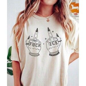 PROTEST White “F ICE” Human Rights Middle Finger Tee Shirt